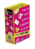 Bright pink and yellow game box featuring cartoon taco, cat, goat, cheese, and pizza illustrations.