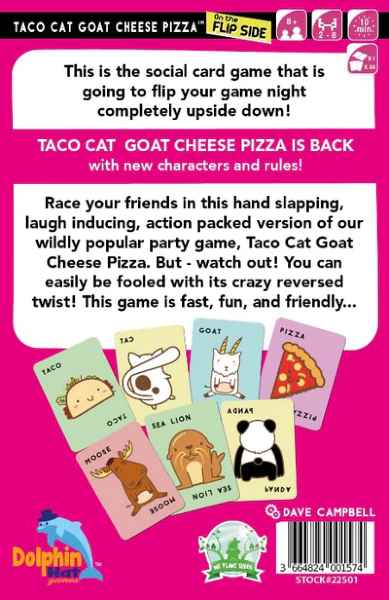 Back of a pink card game box with white text boxes and illustrations of colorful cartoon animal and food playing cards.