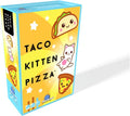 Bright yellow box with blue trim featuring cute cartoon taco, white kitten, and pizza slice on a sunburst background.