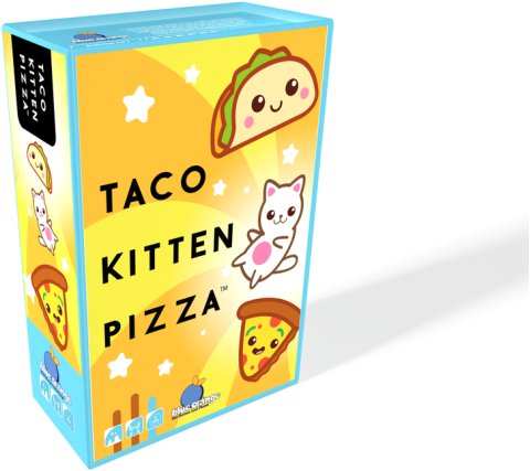 Bright yellow box with blue trim featuring cute cartoon taco, white kitten, and pizza slice on a sunburst background.