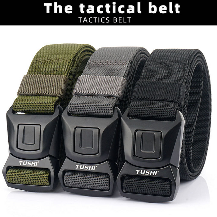 Black nylon tactical hiking belt from dealonline.co.nz with quick-release buckle and heavy-duty rigger work design.