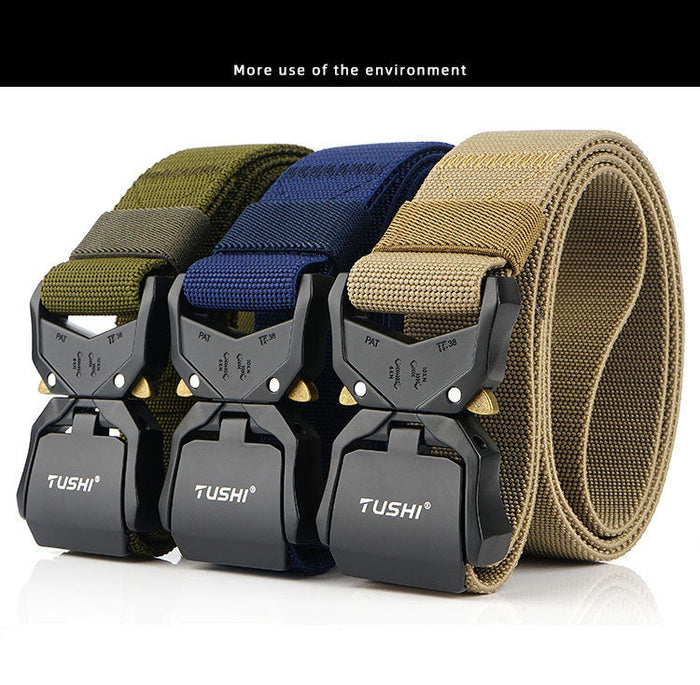 Heavy-duty tactical military hiking nylon web rigger belt with quick-release buckle, suitable for work and outdoor activities.