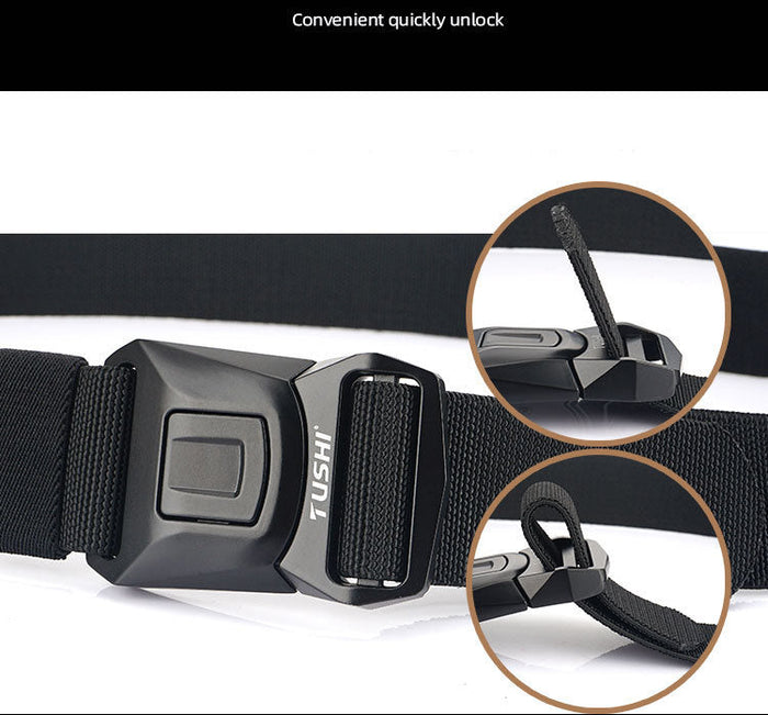 Durable black nylon tactical hiking belt with quick-release buckle, suitable for military, work, and outdoor activities.