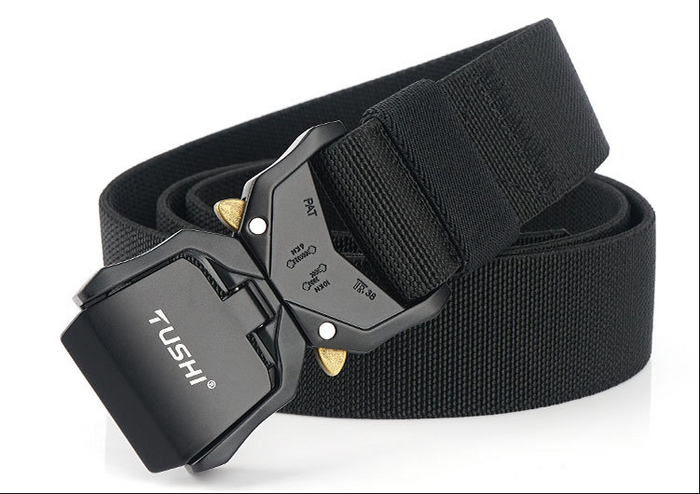 Heavy-duty tactical military nylon web rigger belt with quick-release buckle, suitable for hiking, work, and outdoor activities.
