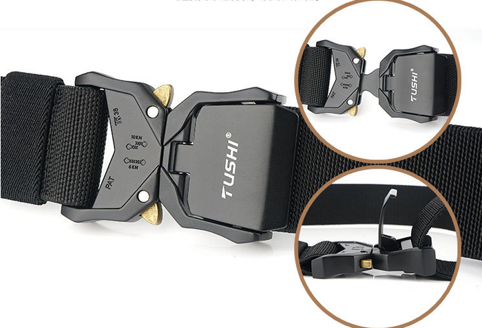 Heavy-duty nylon tactical hiking belt with quick-release buckle, ideal for military, work, or outdoor activities.
