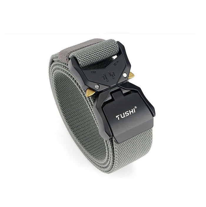 Heavy-duty tactical military nylon web rigger belt with quick-release buckle, suitable for hiking and work use.