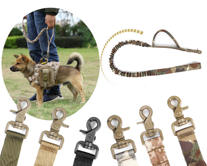 Heavy-duty tactical dog leash with shock-absorbing bungee, two handles, 97-120cm length, black color for outdoor training and walking.