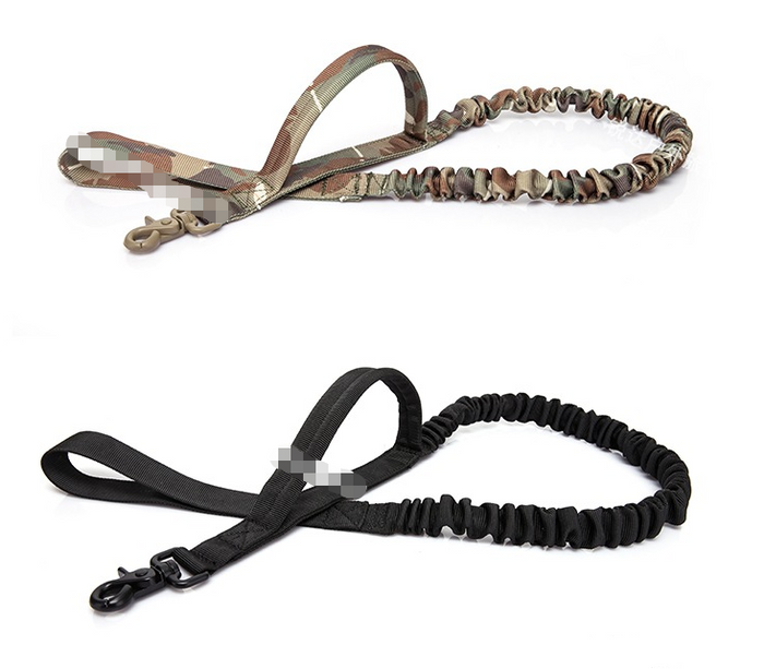 Heavy duty tactical dog leash with shock-absorbing bungee, 97-120cm length, dual handle design in black for active outdoor walks.