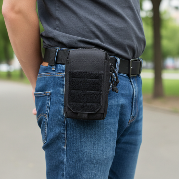 Military tactical phone pouch with MOLLE attachment, durable mobile phone holder on waist belt for outdoor and tactical use.