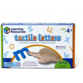 Learning Resources box for tactile letters showing a finger tracing a blue letter m with arrows. Includes 26 colorful pieces.
