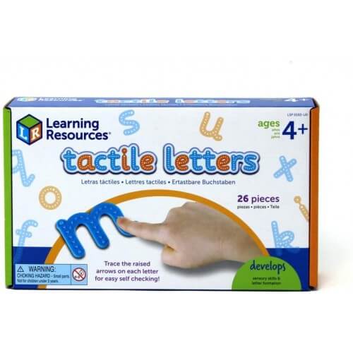 Learning Resources box for tactile letters showing a finger tracing a blue letter m with arrows. Includes 26 colorful pieces.