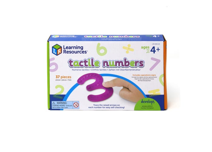Learning Resources tactile numbers box showing a finger tracing a textured purple 3. Includes 37 colorful pieces.