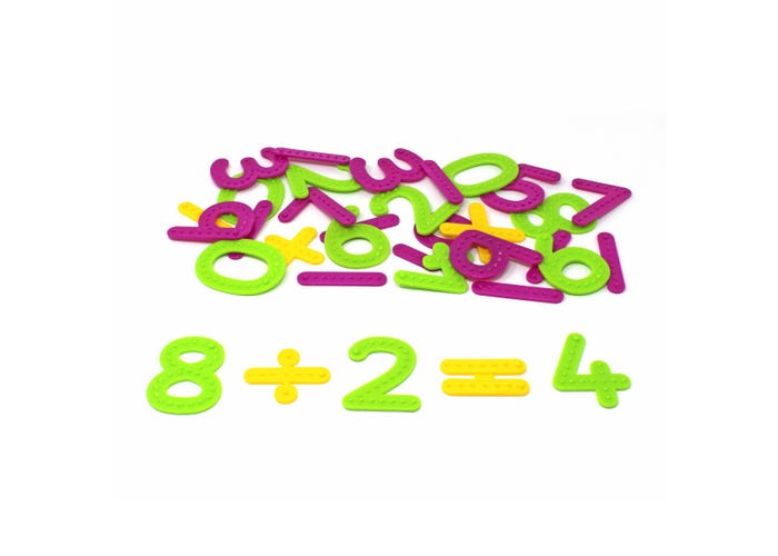 Purple, green, and yellow numbers and symbols with raised tactile dots forming the equation 8 ÷ 2 = 4.