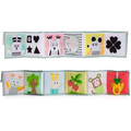 Double-sided soft cloth baby book with high-contrast animals, shapes, a safety mirror, and a pineapple teether.