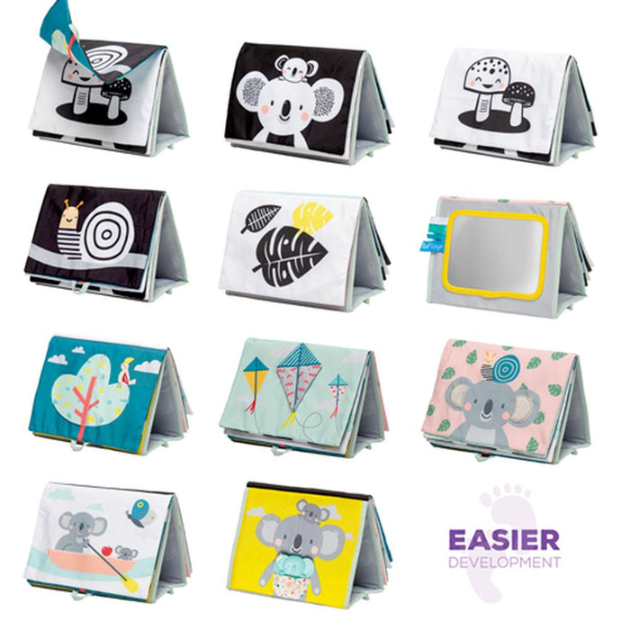Folding soft baby book with high-contrast graphics, colorful koala illustrations, and a built-in safety mirror.