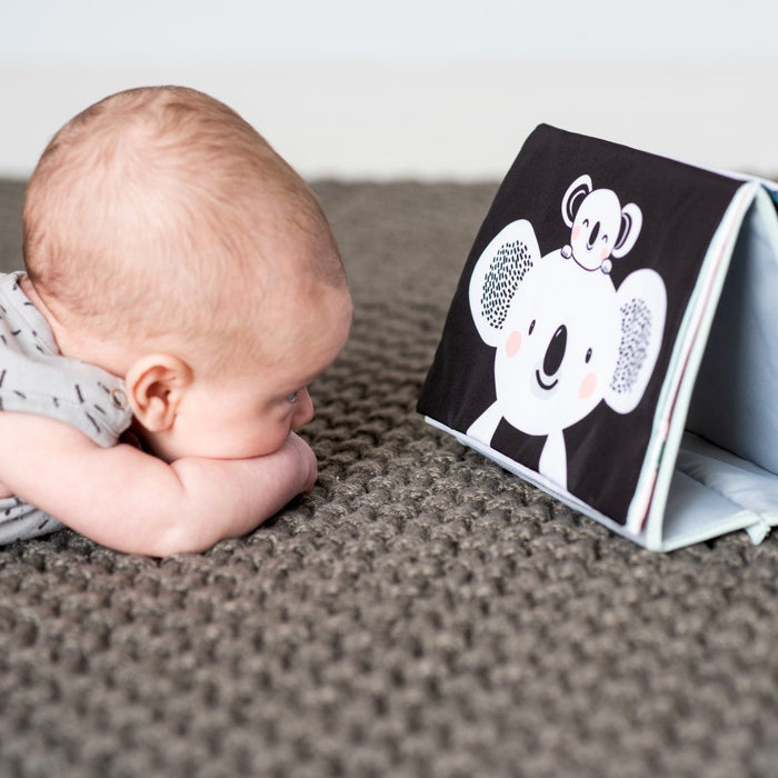 Baby on a grey rug looking at a high-contrast black and white fabric book with a koala illustration standing upright.