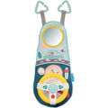 Teal fabric toy featuring a round mirror, koala illustration, yellow steering wheel, and hanging clips.