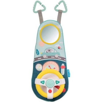 Teal fabric toy featuring a round mirror, koala illustration, yellow steering wheel, and hanging clips.
