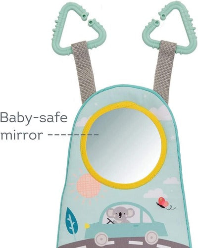 Light blue baby car toy with teal hanging clips, a round baby-safe mirror, and an illustration of a koala in a car.