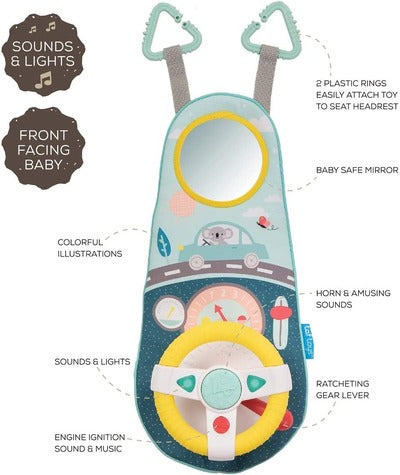 Blue fabric car toy featuring a yellow steering wheel, round mirror, gear lever, and koala illustrations.