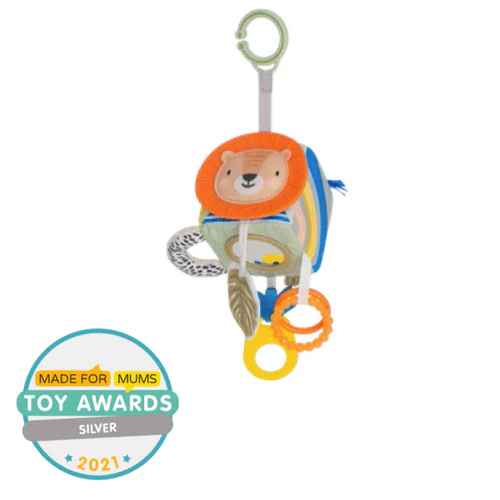 Colorful fabric sensory cube with a plush lion face, textured orange rings, and green hanging clip.