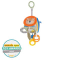 Colorful fabric sensory cube with a plush lion face, textured orange rings, and green hanging clip.