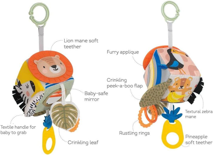 Soft multi-sensory cube toy with lion and zebra patterns, hanging pineapple teether, and crinkly leaf details.