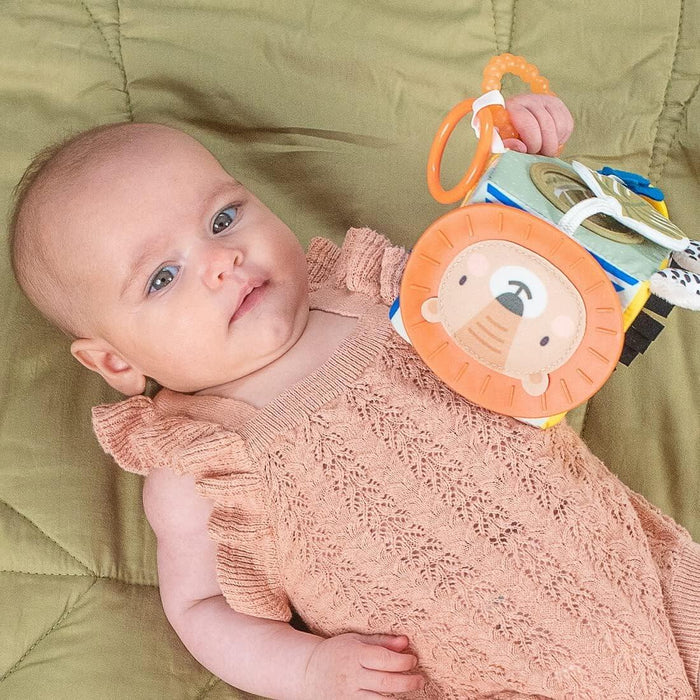 Baby girl in a pink romper lying on a green blanket, holding a colorful discovery cube toy with a lion face.
