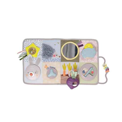 Rectangular fabric baby toy with a mirror, star rattle, plush bunny, and hanging beet toy in soft pastel colors.