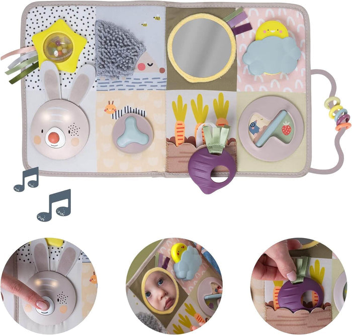 Soft sensory cot board with mirror, musical bunny, and garden-themed toys, including three close-up detail shots.
