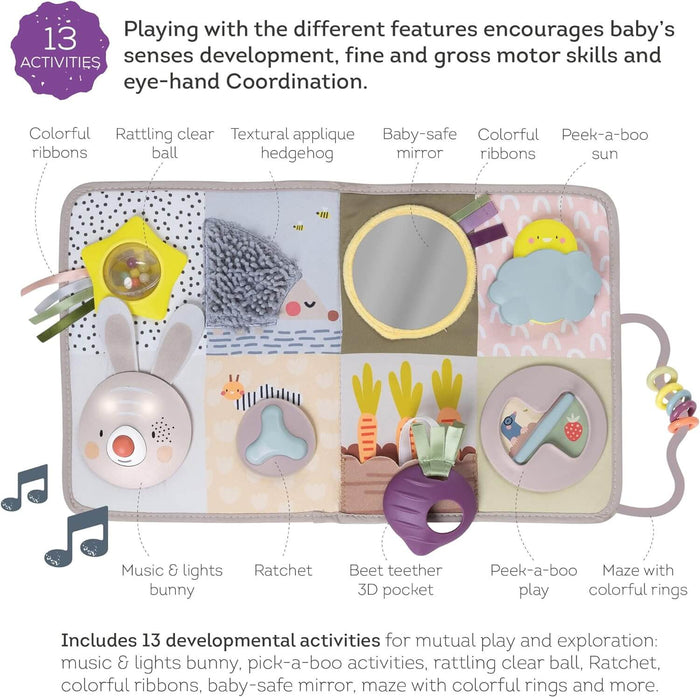 Pastel fabric activity board for babies featuring a bunny, mirror, star rattle, and 13 developmental play features.