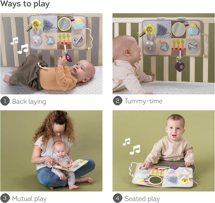 Four photos showing an infant using a fabric garden activity board for tummy time, seated play, and on their back.