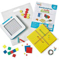 Math kit featuring yellow pegboard, coordinate grid, colorful tiles, and activity guide in a clear storage bag.