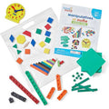 Math manipulative set with a yellow clock, activity guide, pattern blocks, linking cubes, and base ten blocks in a bag.