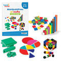 Grade 3-5 math kit with activity guide, colorful fraction circles, base ten blocks, snap cubes, and counting rods.