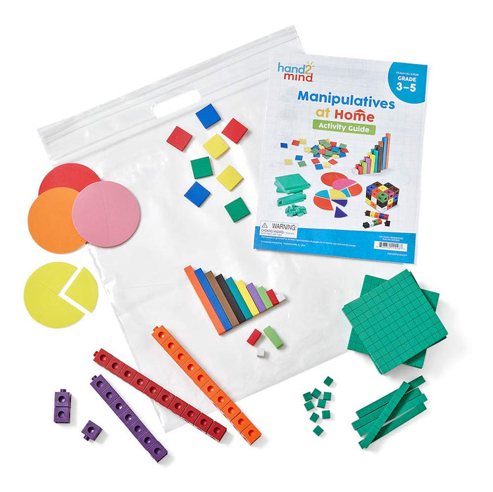 Colorful math manipulative kit with cubes, rods, fraction circles, base ten blocks, and a grade 3-5 activity guide.