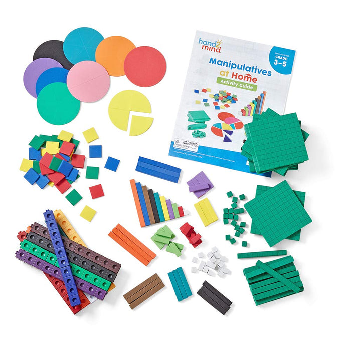 Colorful math kit with fraction circles, green base ten blocks, cubes, and rods beside a grade 3-5 activity guide.
