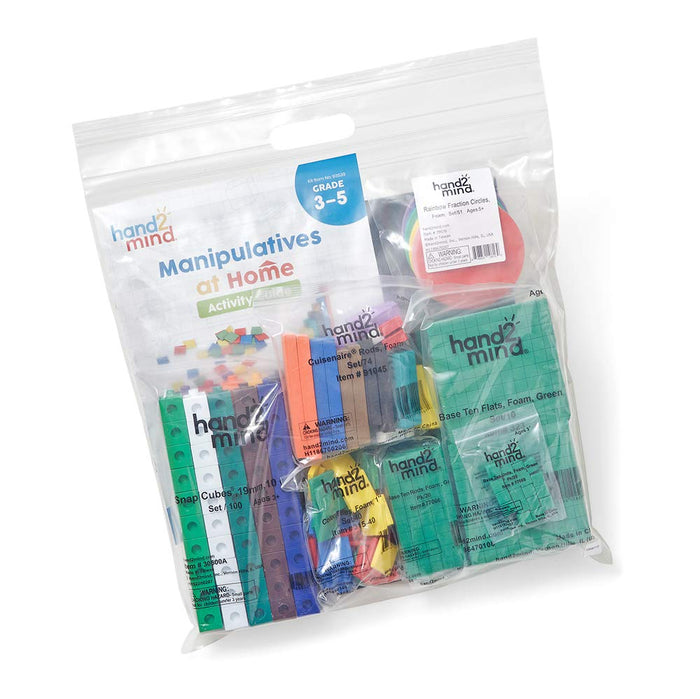 Clear plastic bag containing colorful snap cubes, foam rods, base ten blocks, and fraction circles for grades 3-5.