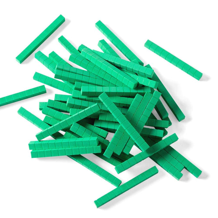 Scattered pile of bright green base ten blocks shaped like long rods on a white background.