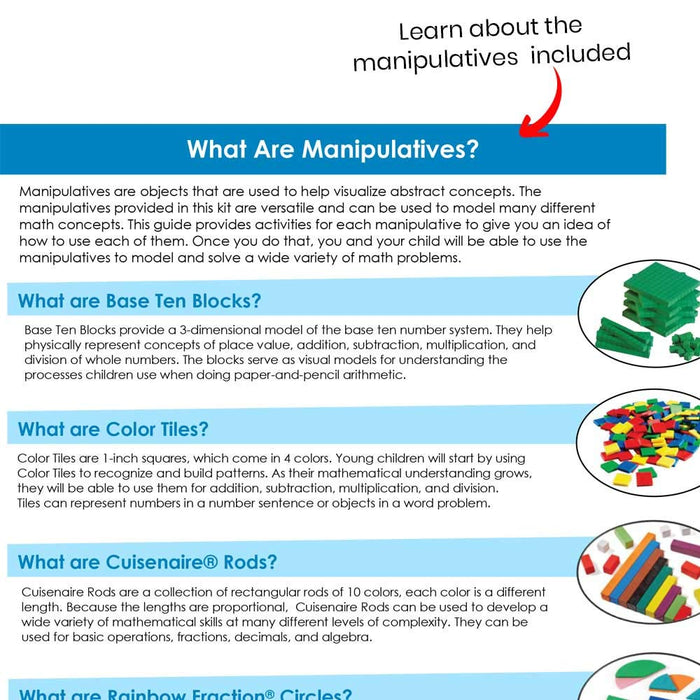 Informational guide for math tools with photos of green blocks, colorful square tiles, and multi-colored rods.