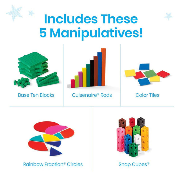 Five colorful math tool sets: green base ten blocks, multi-colored rods, square tiles, fraction circles, and snap cubes.