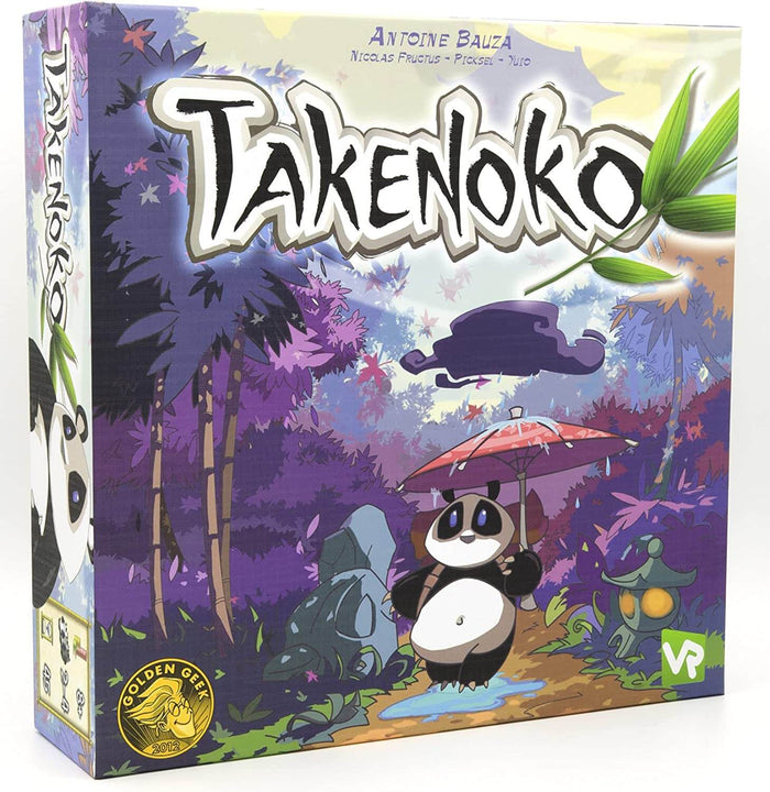Square board game box featuring a panda holding a red umbrella in a purple and pink forest with bamboo stalks.
