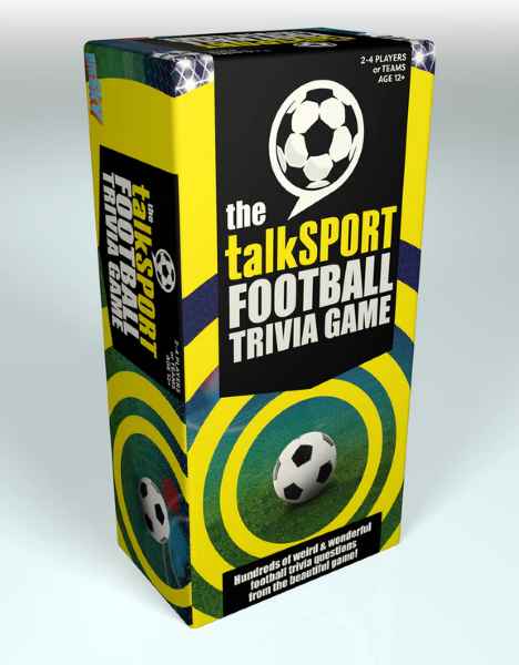 Tall yellow and black rectangular box with soccer ball graphics, concentric circles, and bold trivia game text.
