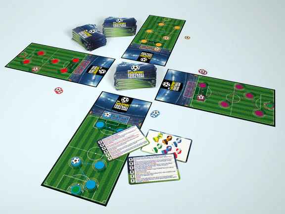 TalkSport Football Trivia Game featuring four green pitch boards, colorful tokens, and trivia cards on a white surface.