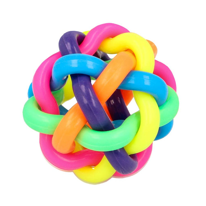 Spherical toy with interlocking neon pink, orange, yellow, green, blue, and purple flexible rubber loops.