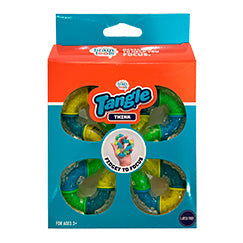 Teal and orange box featuring four Tangle fidget toys with blue, green, and yellow translucent curved segments.