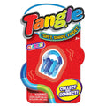 Red packaging for a blue and clear segmented Tangle fidget toy with curved pieces that twist and connect.