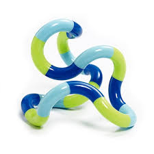 Twisted fidget toy featuring interlocking blue, light blue, and lime green curved plastic segments in a tangled shape.
