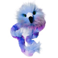 Fuzzy blue and purple bird-like fidget toy with large green eyes, a black beak, and a long twisted body.