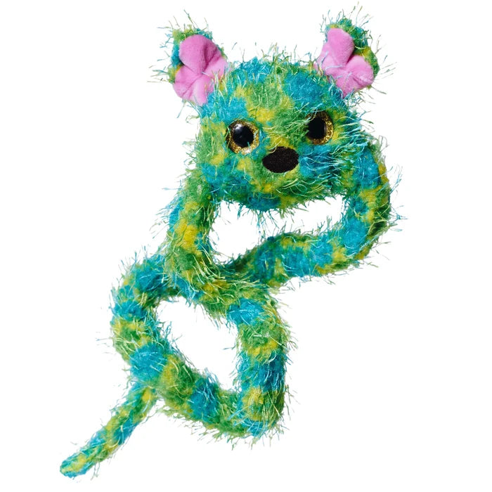 Furry green and blue mottled toy with pink ears, glittery eyes, and a long flexible body twisted into a loop.
